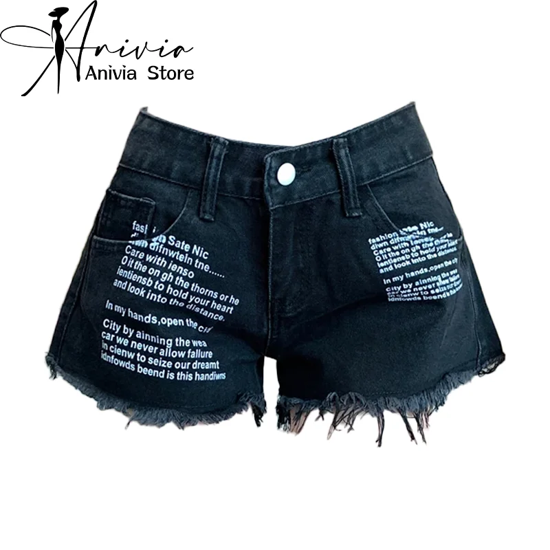 

Women Black Goth Letter Print Denim Shorts Emo Tassel Jeans Shorts 2000s Vintage Y2k Cowboy Short Pants Harajuku Clothes Summer