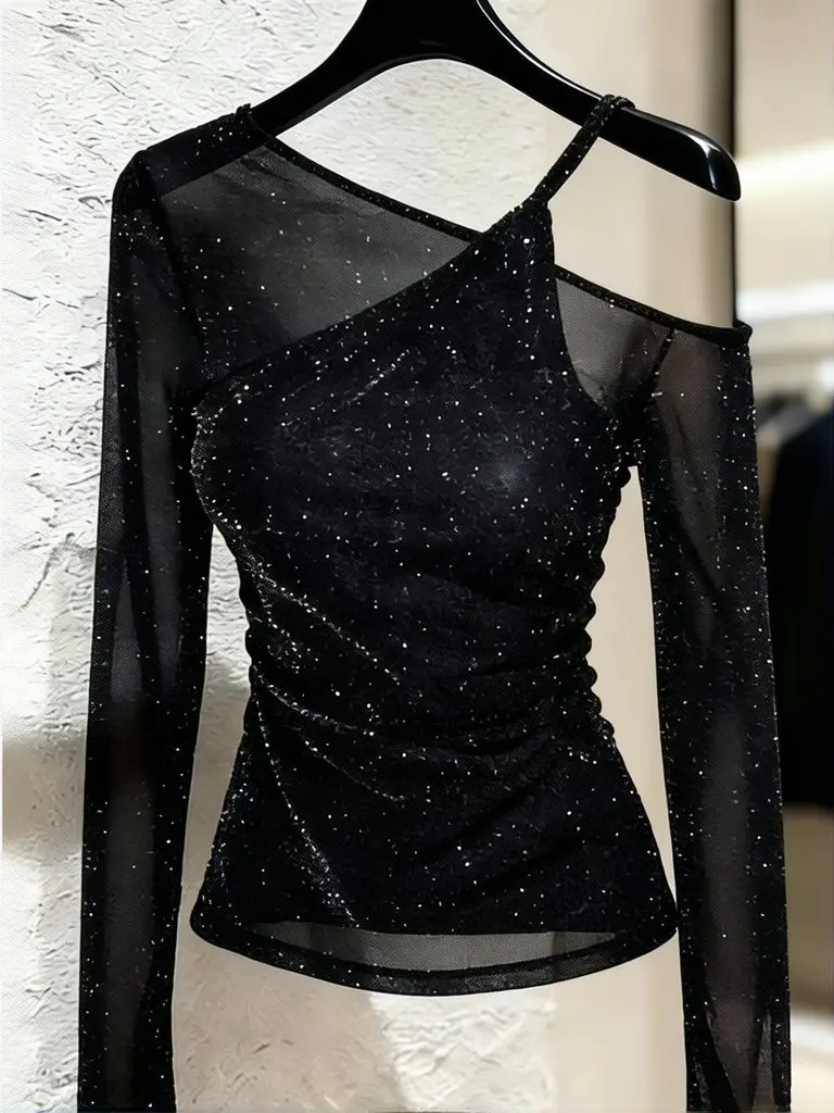 Fake Two-Piece Bling Sequin Tops Layered Tees Women Long Sleeve Off Shoulder T-Shirt Ladies Sexy Mesh Top Basic