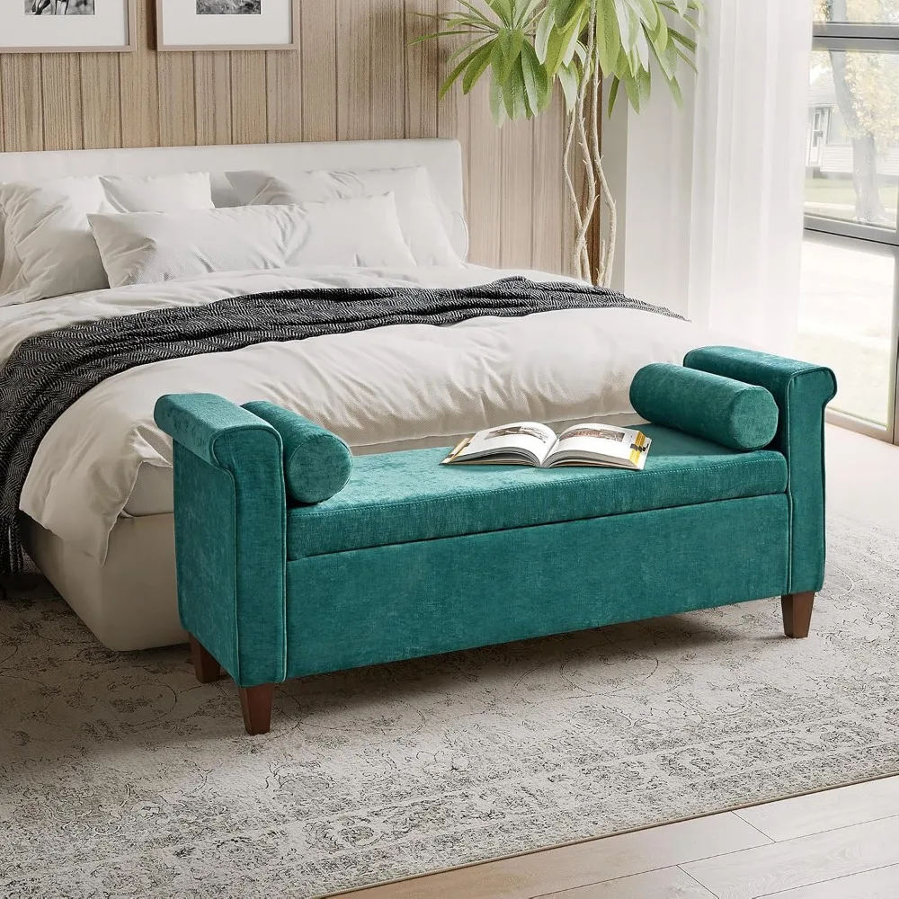 

Storage Bench, 54 inch Large Upholstered Bedroom Bench for End of Bed King Size with Armrest Pillows Solid Wood Legs for Entryw