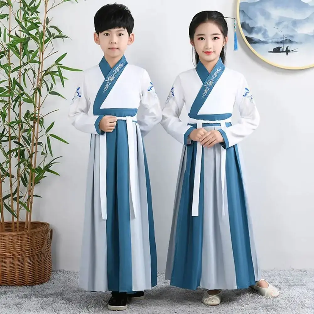 Knight-Errant Style Kids Boys' Hanfu Chinese Style Embroidery Traditional Kimono China Hanfu Blue Chinese Kimono Costume Kids