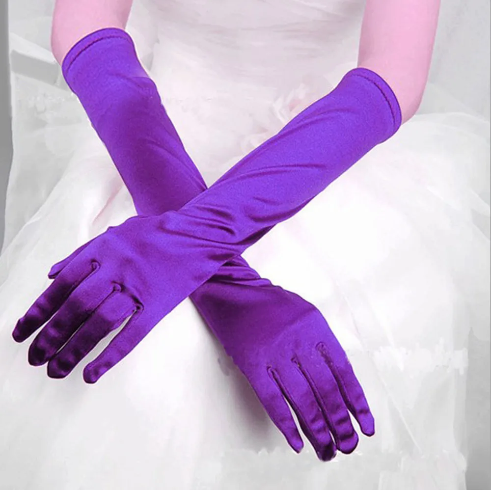 Elegant Purple Red Black White Bridal Party Gloves for Wedding Prom One Size Fashion Stretch Satin Opera Women purple gloves