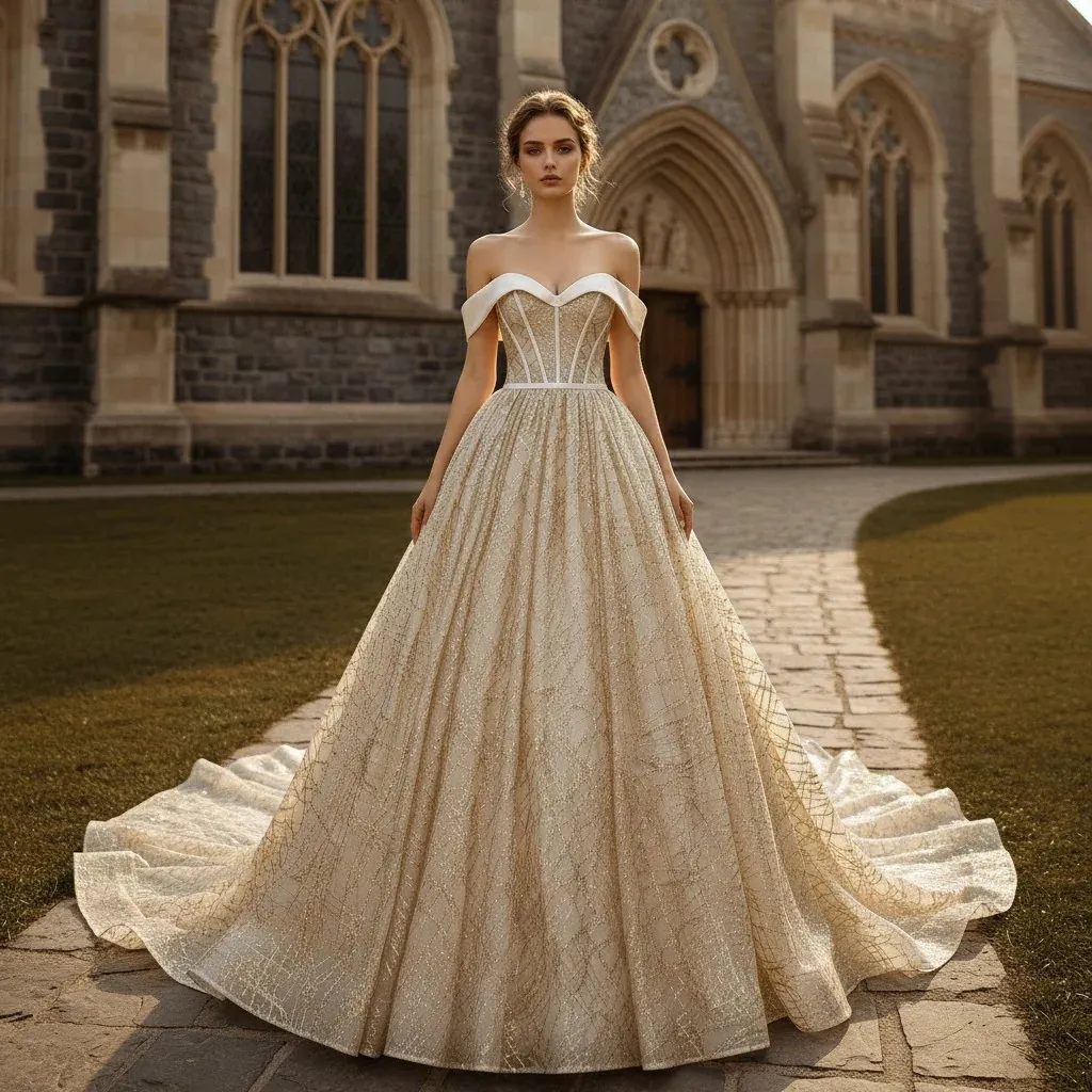 

Rosymae Свадебное платье цвета шампанского с открытыми плечами, элегантное блестящее кружевное платье трапециевидной формы с блестками для классических и современных невест