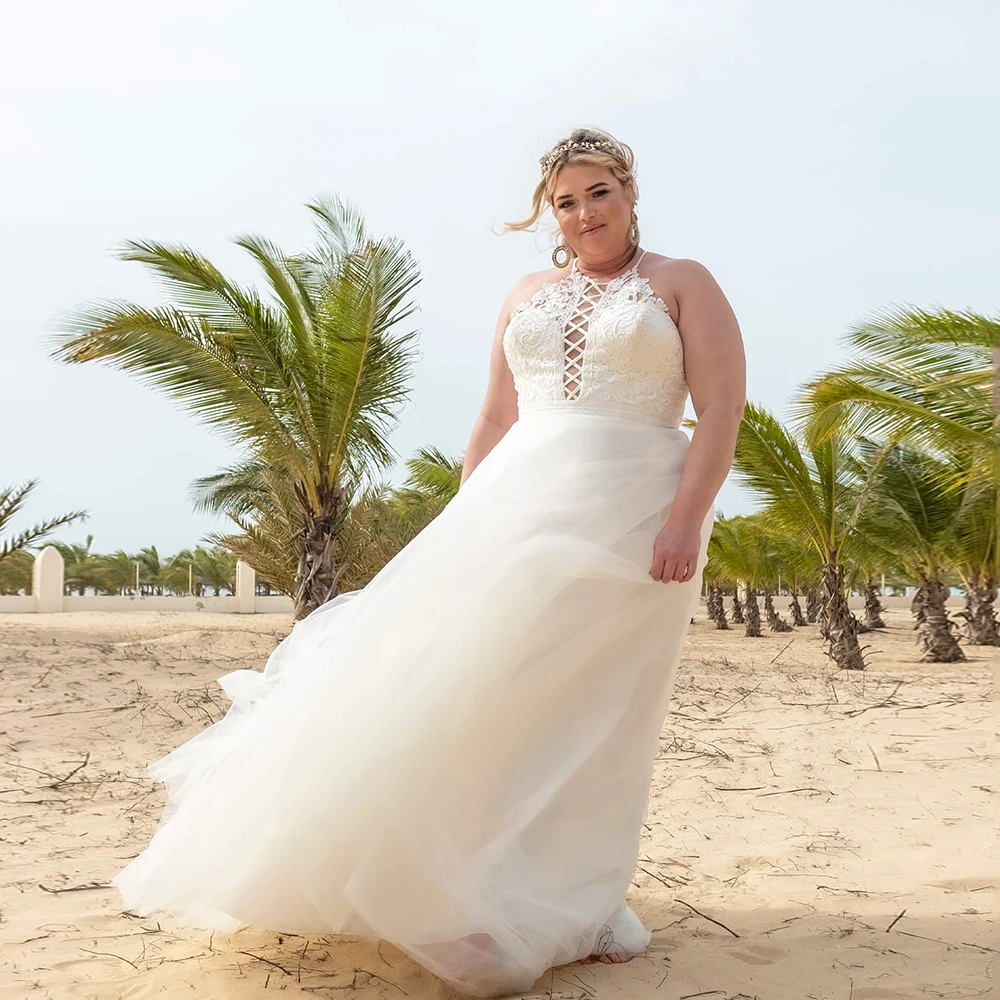 Vestidos De novia sexys con cuello Haler De talla grande 2023, vestidos De novia con cordones De tul sin mangas, Vestido De cola De barrido De novia