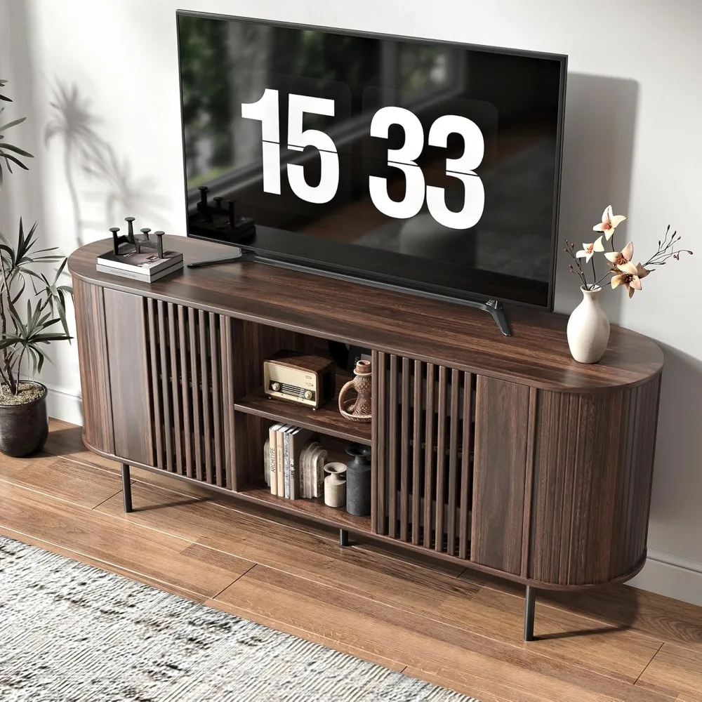 حامل تلفزيون 65 بوصة لأجهزة التلفاز حتى 75 بوصة، وحدة تحكم تلفزيون مركز الترفيه الحديثة في منتصف القرن مع أرفف قابلة للتعديل، ملف تعريف منحني