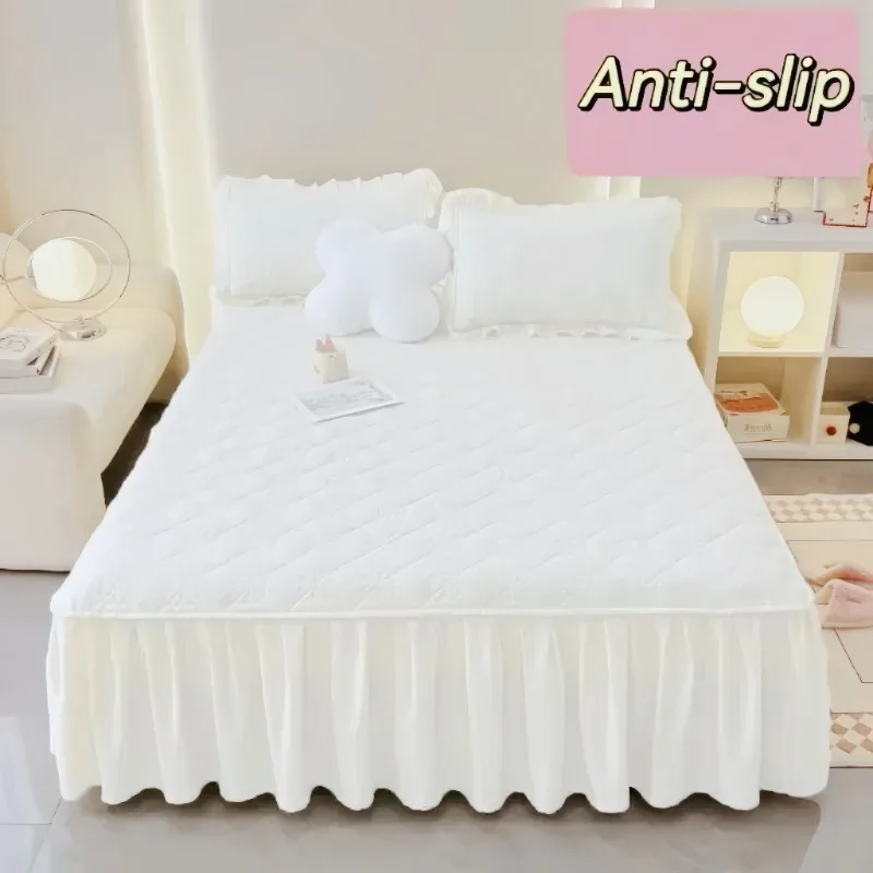 Falda de cama con borde de encaje, Protector de colchón, colcha individual doble antideslizante gruesa, tamaño completo, Color sólido (sin funda de