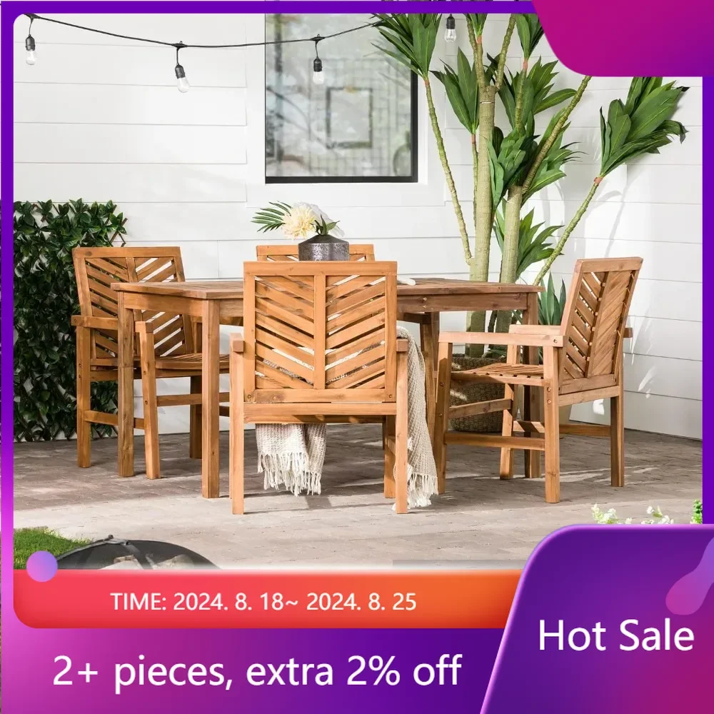 

4 Person Outdoor Wood Chevron Patio Furniture Dining Set Table Chairs All Weather Backyard Conversation Garden Poolside Balcony