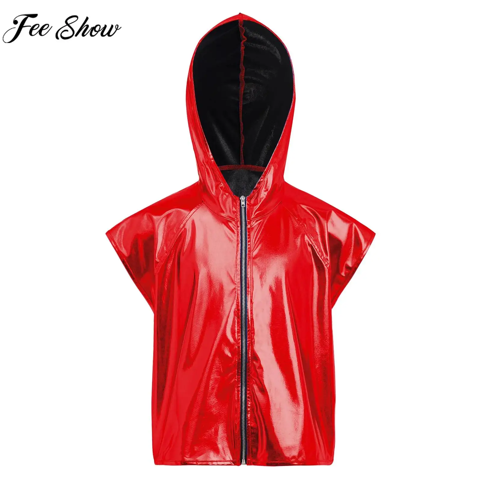 

Детский костюм для мальчиков и девочек в стиле хип-хоп, джаз, уличный танцевальный костюм, металлический блестящий жилет на молнии с капюшоном, топы для рождественского карнавала