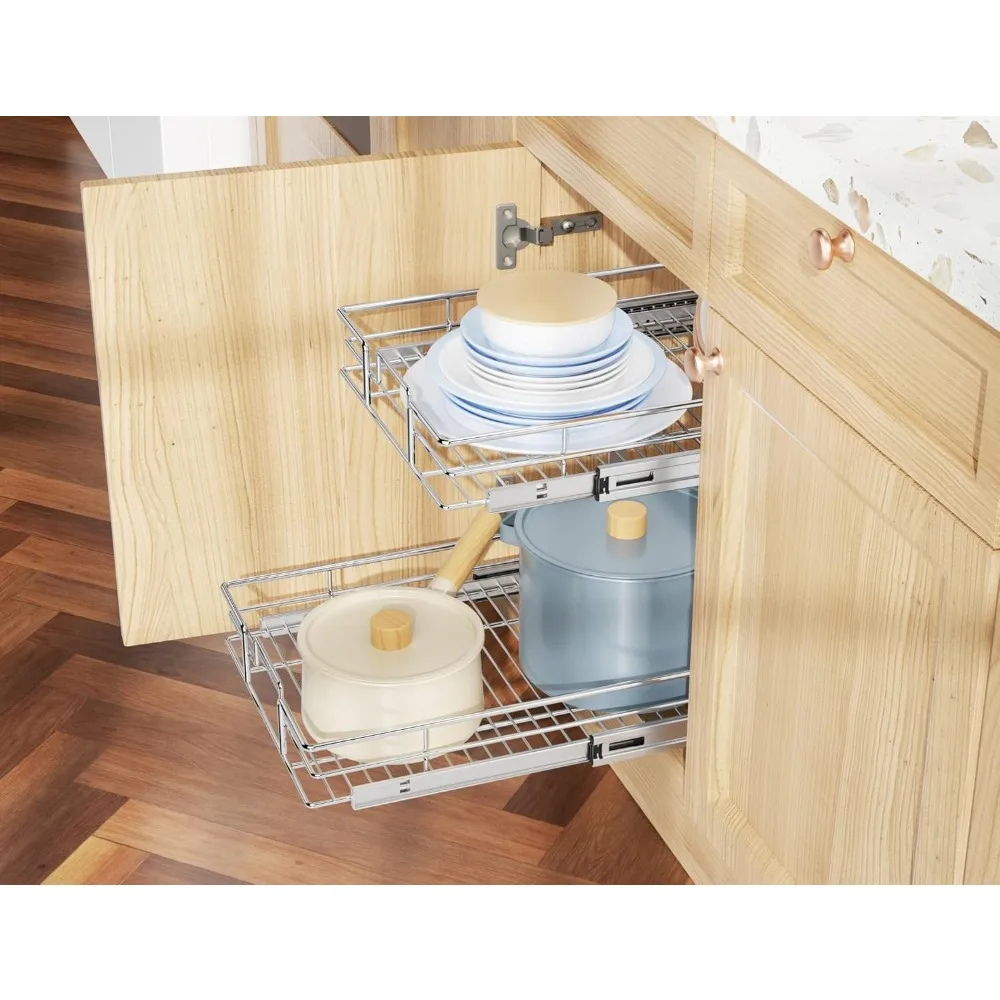 منظم خزانة منزلق بطبقتين للأواني والمقالي وحلول تخزين المطبخ