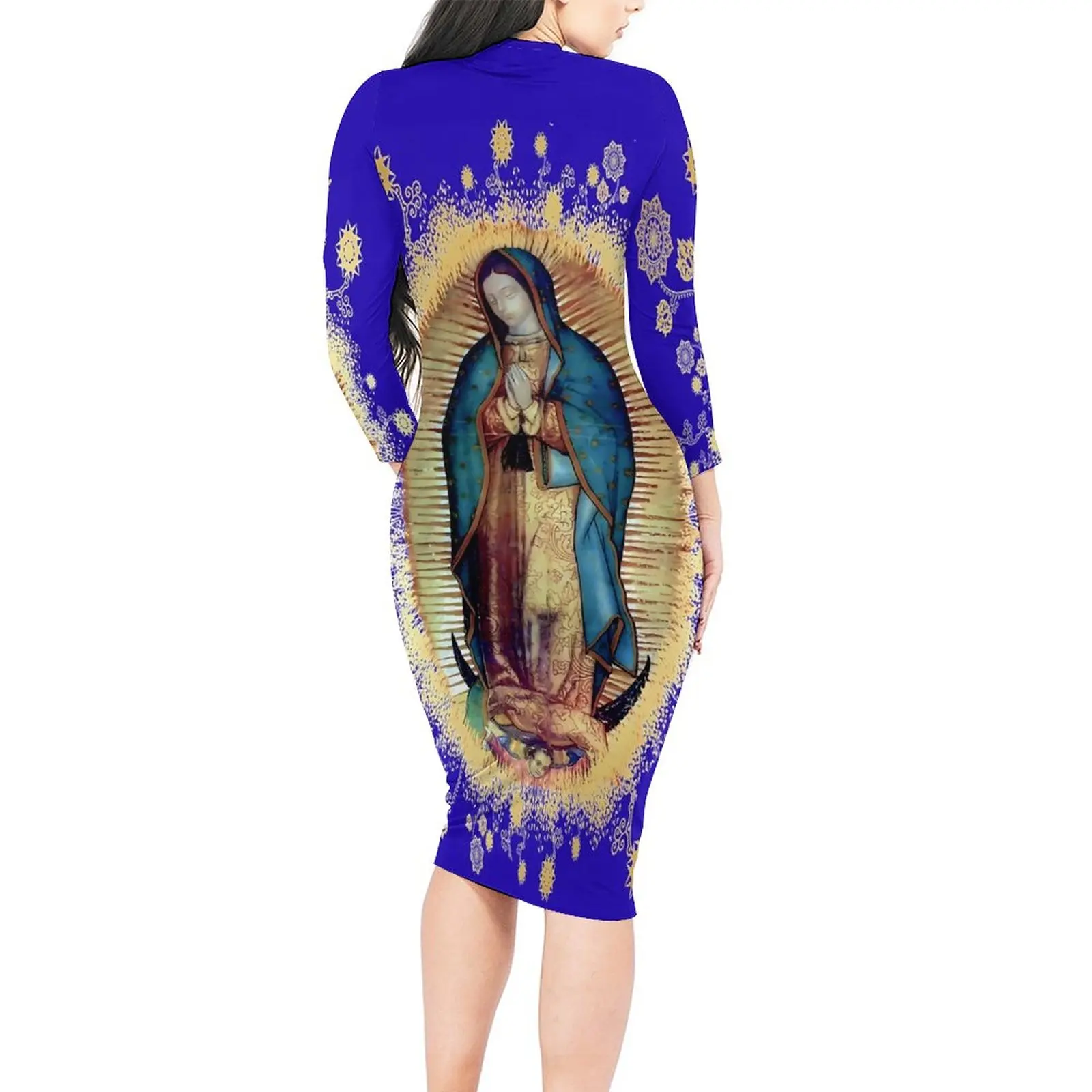 Virgin Mary Mexico Bodycon Dress Woman Our Lady of Guadalupe Stylish Dresses Summer Long Sleeve Streetwear Design Dress Big Size