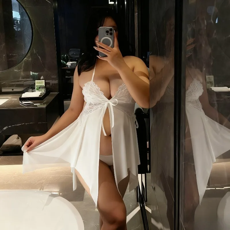 

Plus Size Exotic Babydolls with Thongs Sexy Lingerie Sets Women Sleepwear Open Butterfly Bra Perspective Chemises Erotic Costume