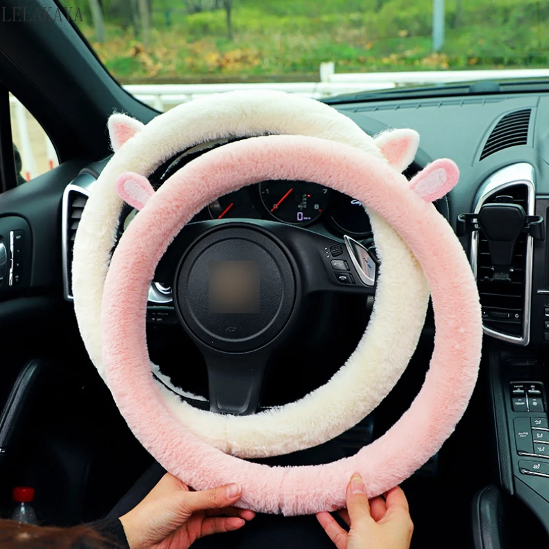 

38CM Faux Rabbit Fur Car Steering Wheel Cover Cute Bunny Rabbit Ear Cover Women Auto Plush Steering Wheel Cover Car Accessories