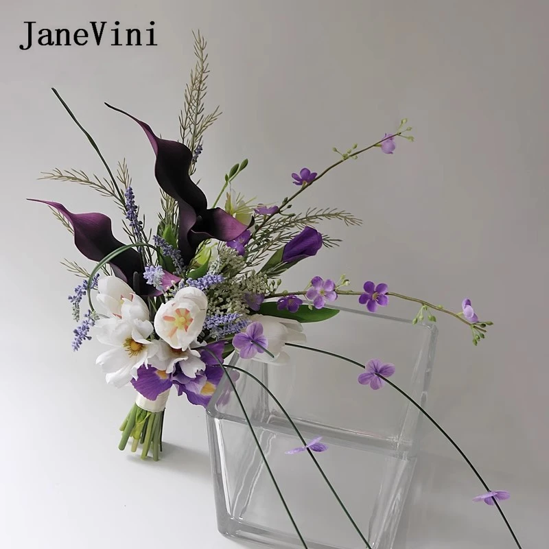 

JaneVini Bruids Boeket Artificial Purple Bride Wedding Bouquets Real Touch Calla Lily Bridal Flowers Bouquet De Mariage Mariée