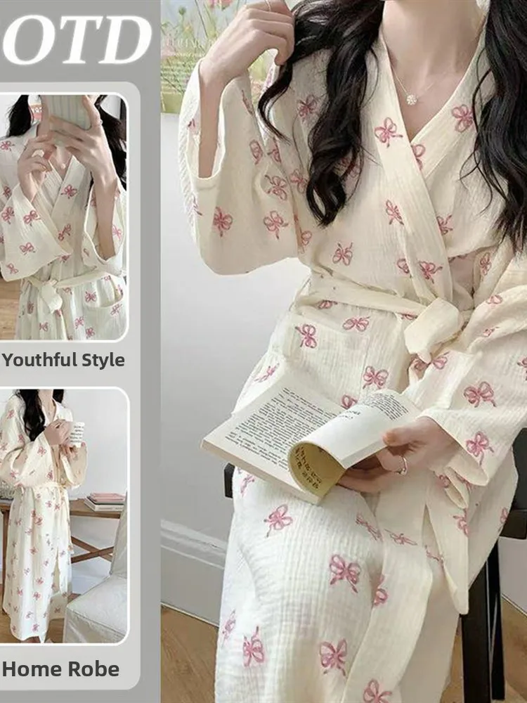 

Женский халат из чистого хлопка Long Sve, весенне-осенняя милая домашняя одежда, одежда больших размеров, летучая мышь, милый дизайн