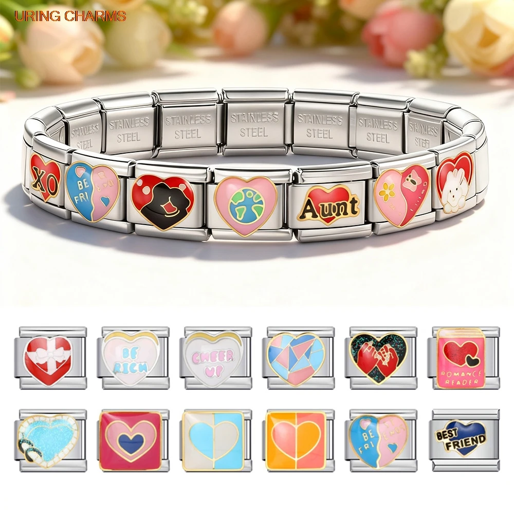 Fashion Colorful Two-Color Love Heart Couple Hand Chain Italian Charm Link Fit 9mm Stainless Steel Jewelry Making DIY Bracelets