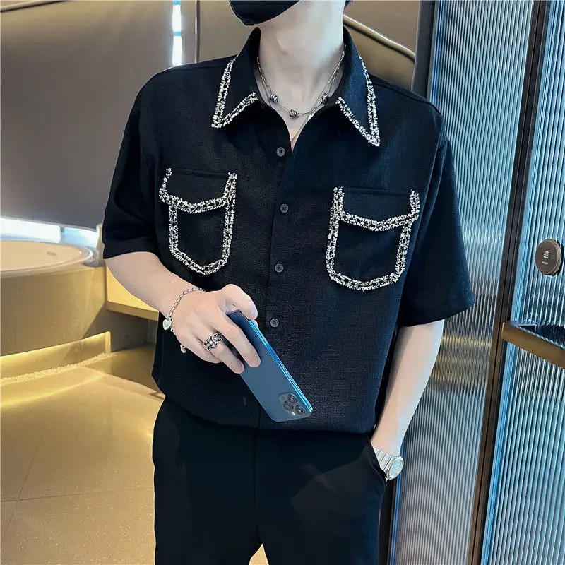 Fashion Lapel Spliced Button Pockets Korean Shirts Men\'s Clothing 2023 Summer New Oversized Casual Tops Loose All-match Shirt