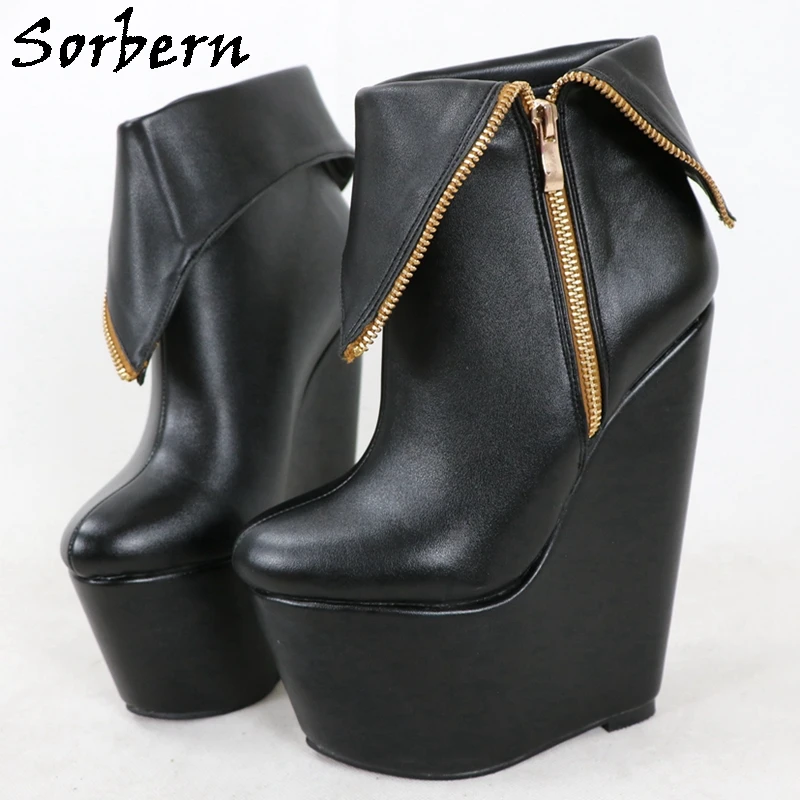 

Sorbern Black Matte Ankle Women Boots Wedges Golden Side Zippers Turn Over Top Hhigh Heels Visible Platform Shoes Custom