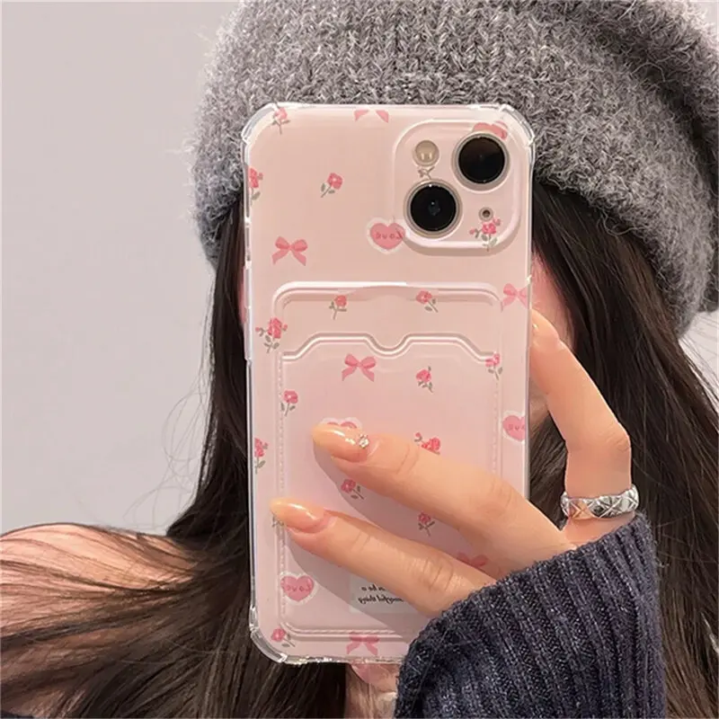 Korean Cute Small Flower Card Bag Phone Case for Iphone 16 Pro Max 11 12 13 14 15 Pro Max 13 12 Mini 16 Plus 7 8 X XS XR Cover