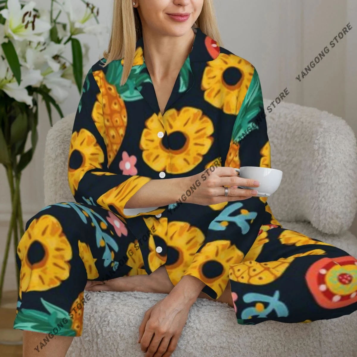

Женские пижамы с изображением ананаса и тропических фруктов, одежда для дома, одежда для сна из двух предметов, длинный пижамный комплект на пуговицах с длинными рукавами