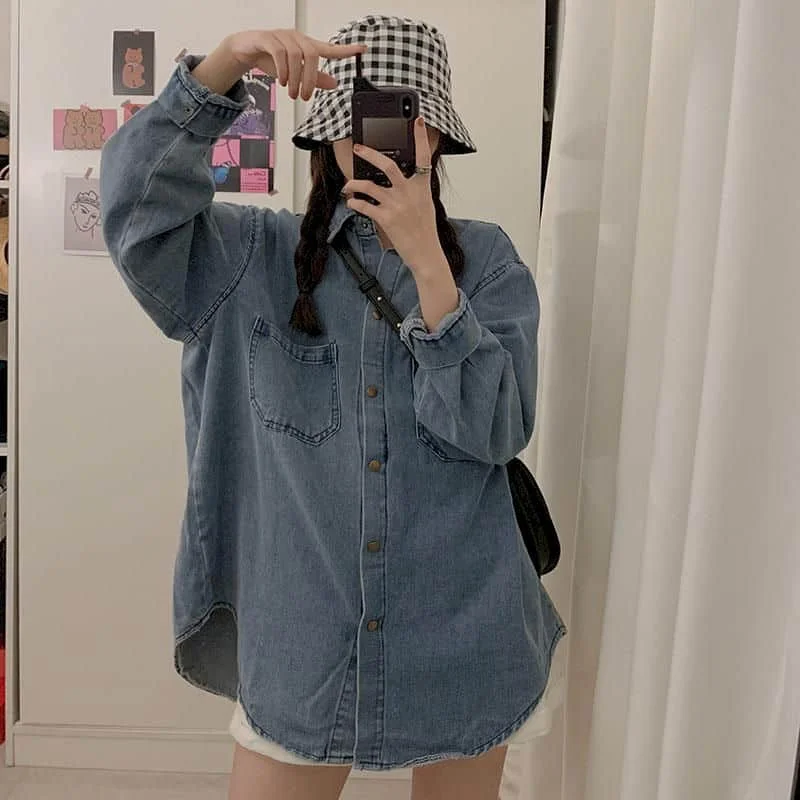 Oversize Denim Shirts and Blouses Women Loose Fit Denim Shirt Long Sleeve Blouses Regular Women Tops Clothes for Women Shirts