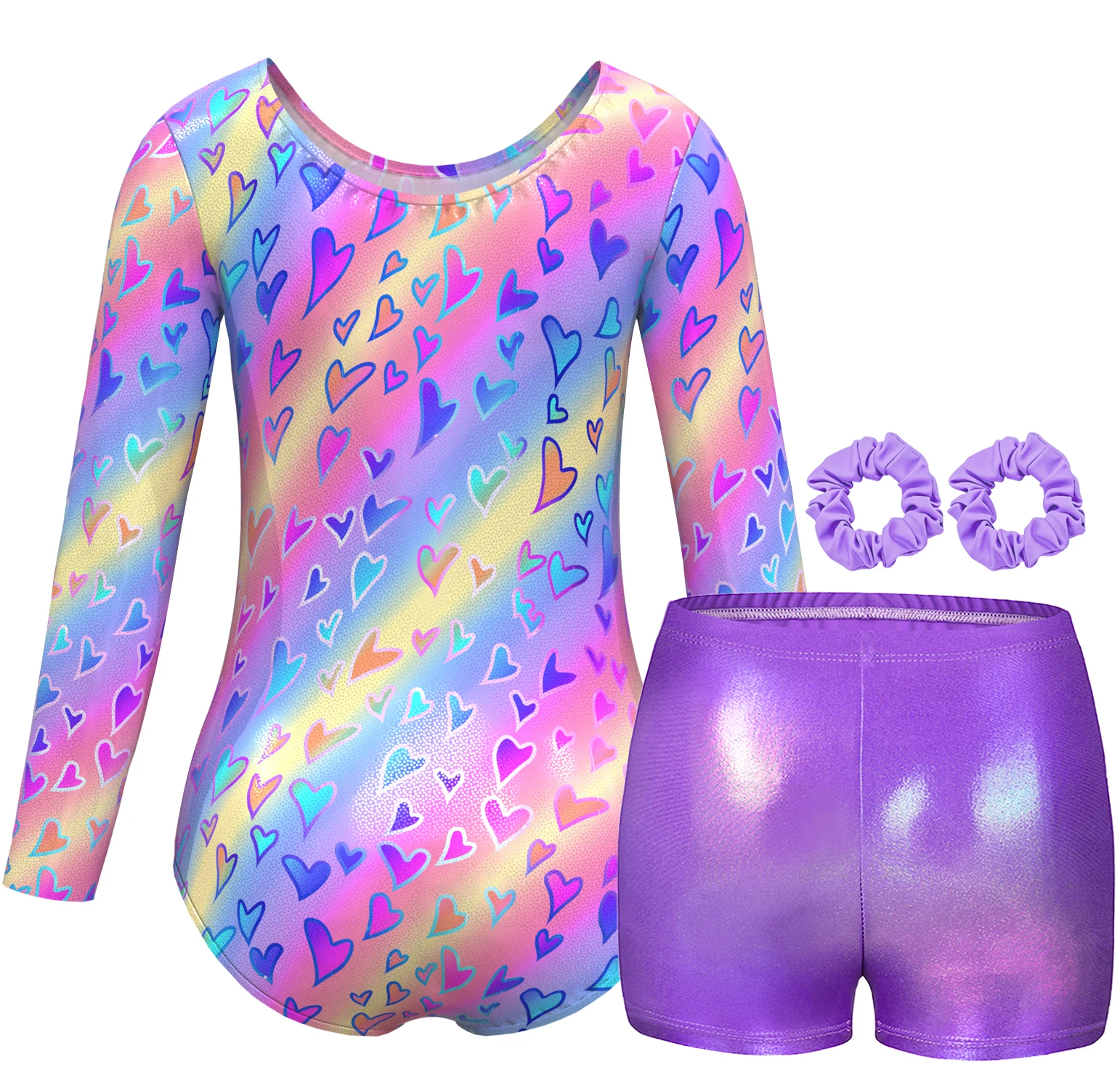 Leotards for Girls Gymnastics Long Sleeve Shiny Colorful heart symbol Dance Leotard with Shorts and Hairband