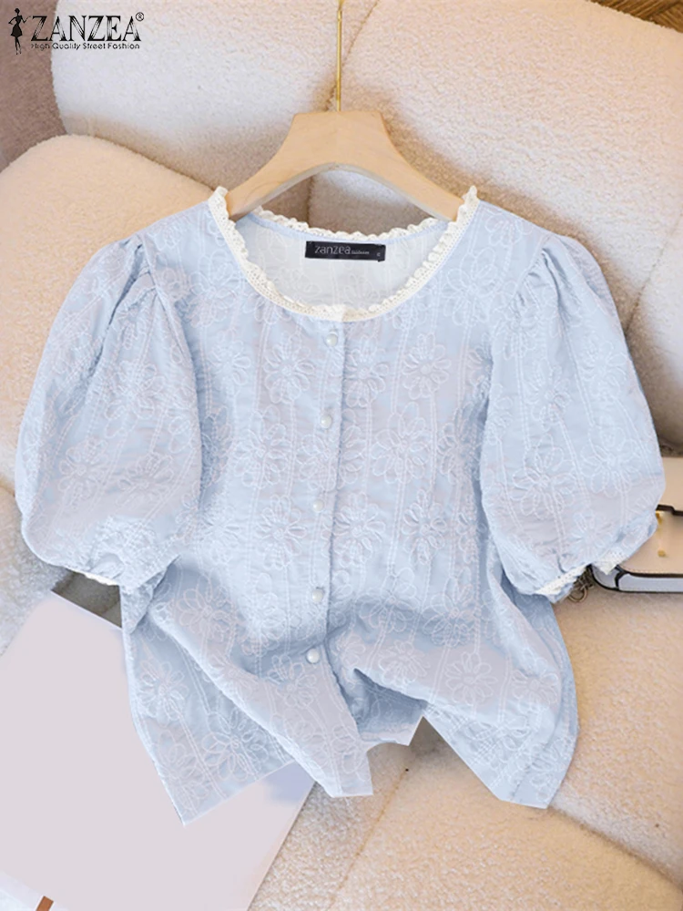 

ZANZEA Women Shirts 2025 Summer Short Sleeve Tunic Tops Fashion Lace Blouse Casual Loose Solid Color Puff Sleeve Sweet Blusas