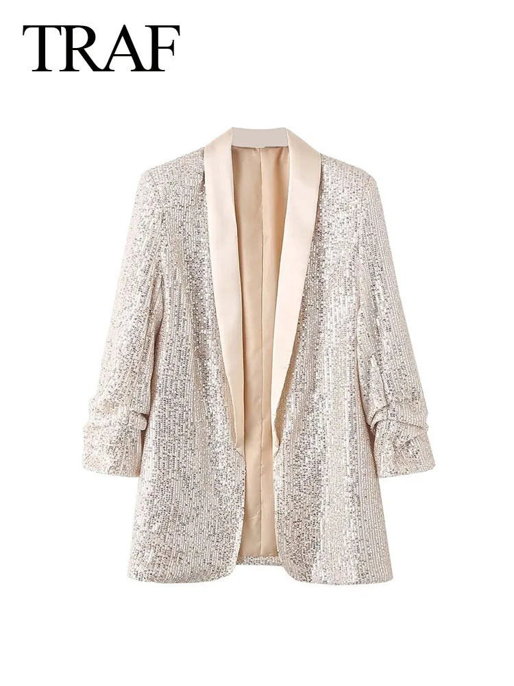 

TRAF 2024 Female High Street Coats Solid V-Neck Long Sleeves Sequins Decorate Coat Woman's New Fashion Spring Loose Blazers