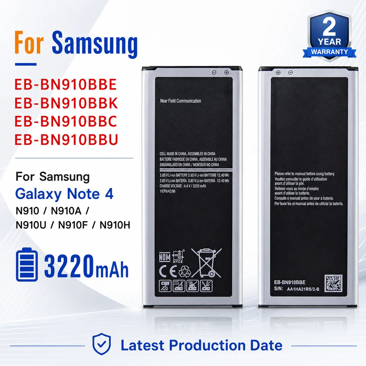 For Samsung Galaxy Note 4 N910 N910A N910V N910P EB-BN910BBE EB-BN910BBK 3220mAh Phone Battery NFC NO NFC Repair Cell Part