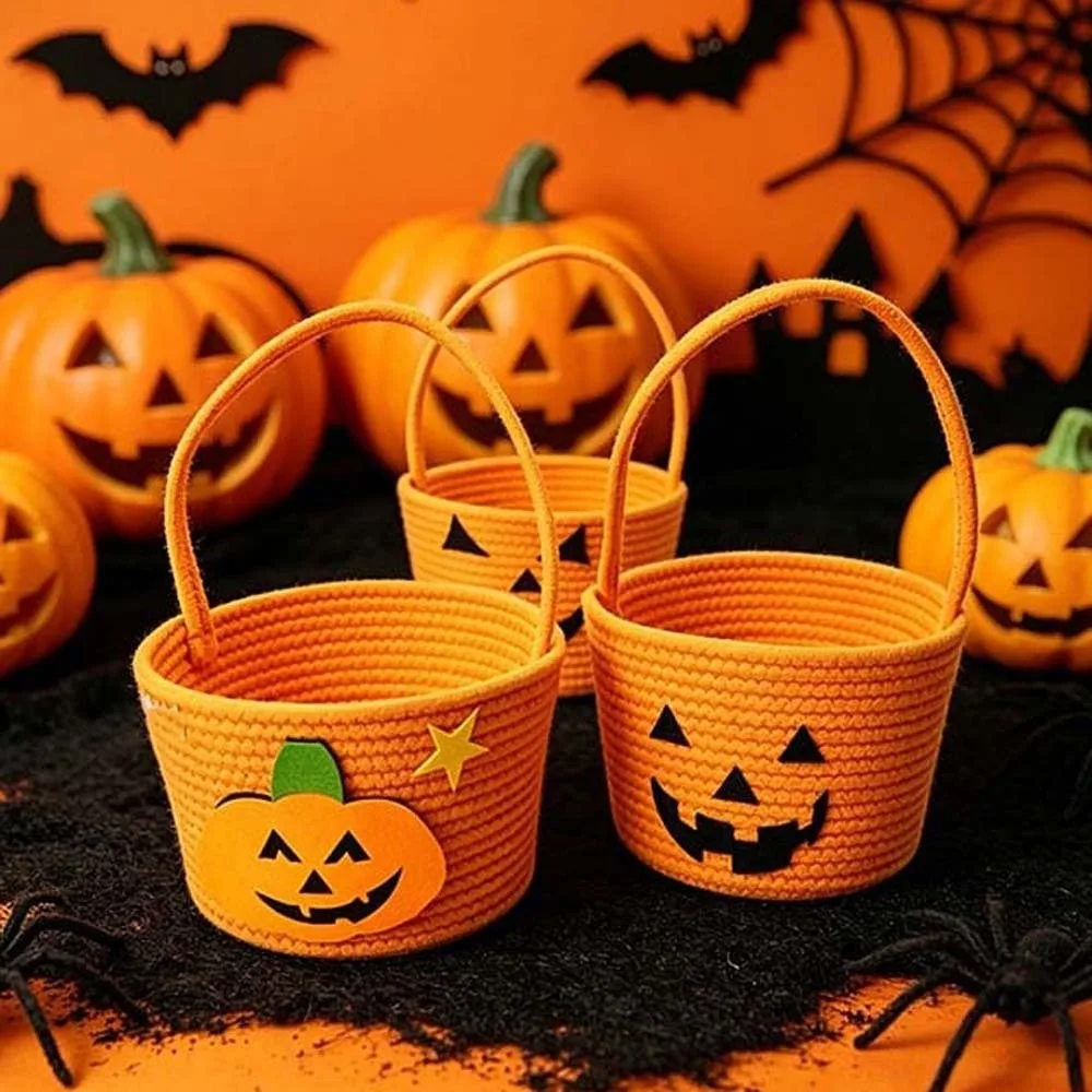 Cotton Pumpkin Candy Bucket Braided Orange Trick Treat Tote Eco-friendly Foldable Halloween Rope Basket Classroom