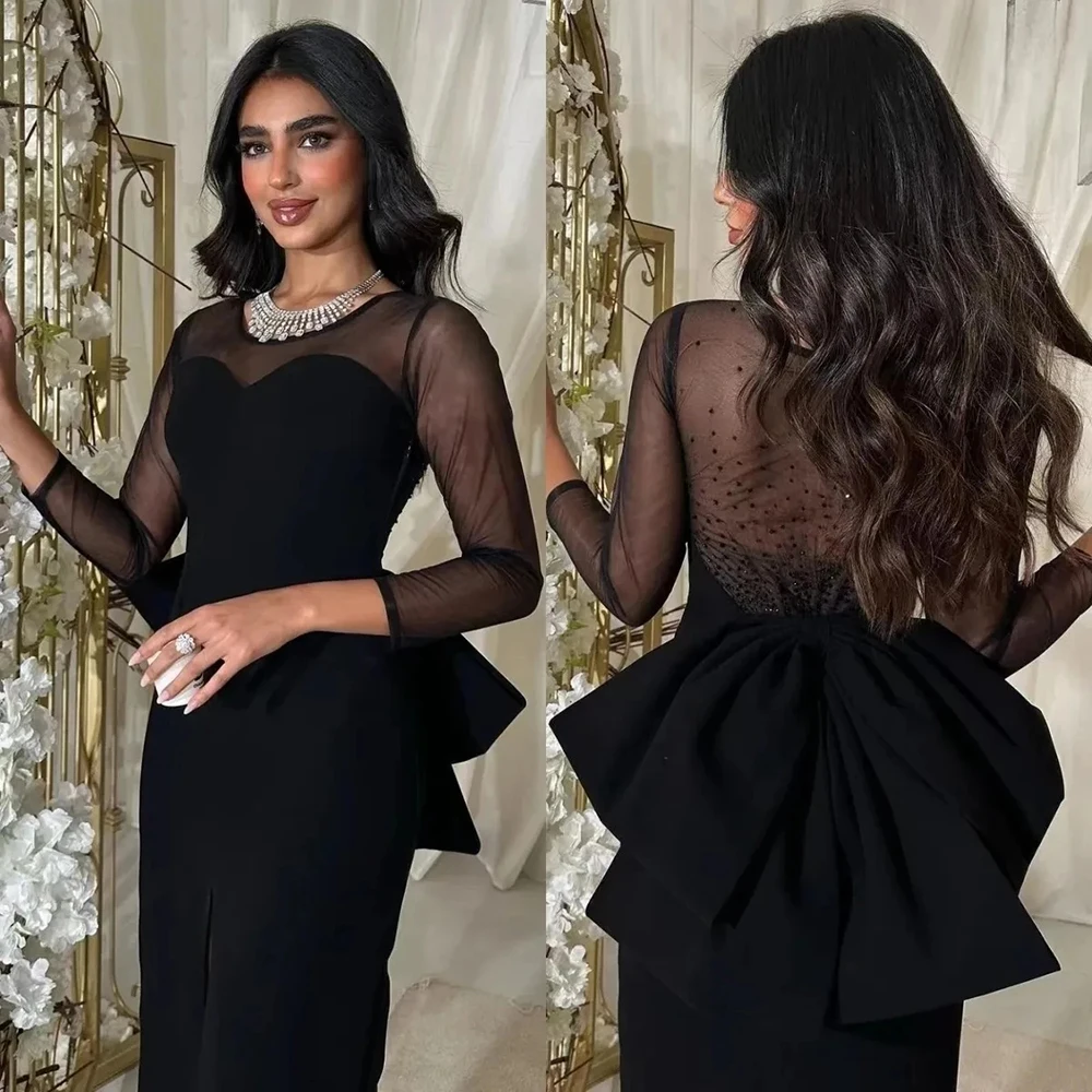 

Elegant Black O-Neck Tulle Prom Dresses Sexy Front Slit Long Sleeves Evening Dress Beading Bow Formal Occasion Party Gowns