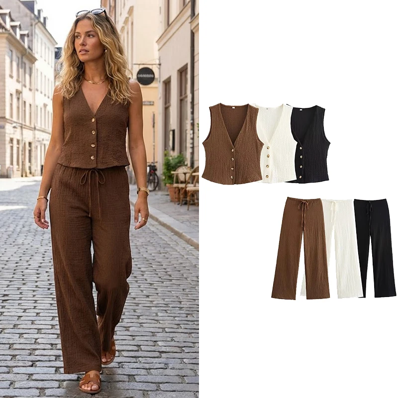 Willshela Moda damska 2-częściowy zestaw Solidne podkoszulki z pojedynczym biustem i spodnie Vintage HIgh Elastic Waist Pants Kobiecy szykowny garnitur ze spodniami