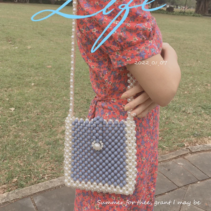 Vintage Hand Woven Pearl Mobile Phone Purses and Handbags Summer Color Blocking Ladies Shoulder Bag Women Beach Beaded Hand Bag