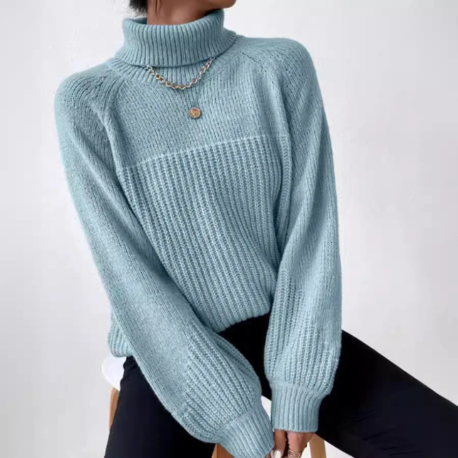 

2024 Autumn and Winter New Solid Color Simple Lapel Raglan Sleeve Pullover Knitted Sweater Top Woman