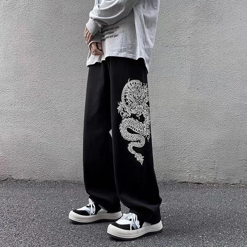 New embroidered jeans ins high street trend versatile loose flesh-covering straight wide-leg casual trousers for men and women view 3