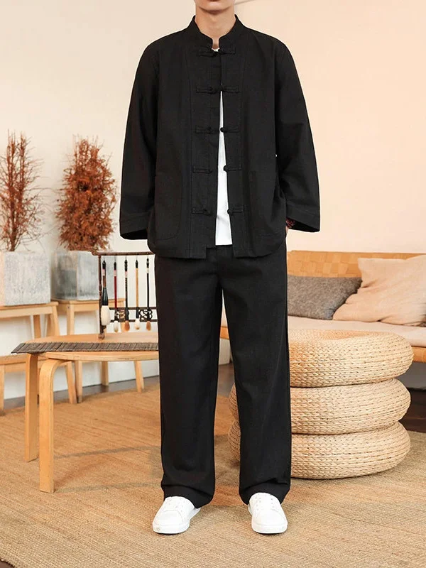 

Men's Cotton Linen Set Vintage Button up Collar Jacket Straight Leg Casual Pants Two Piece Trendy Fashion Autumn Outfit