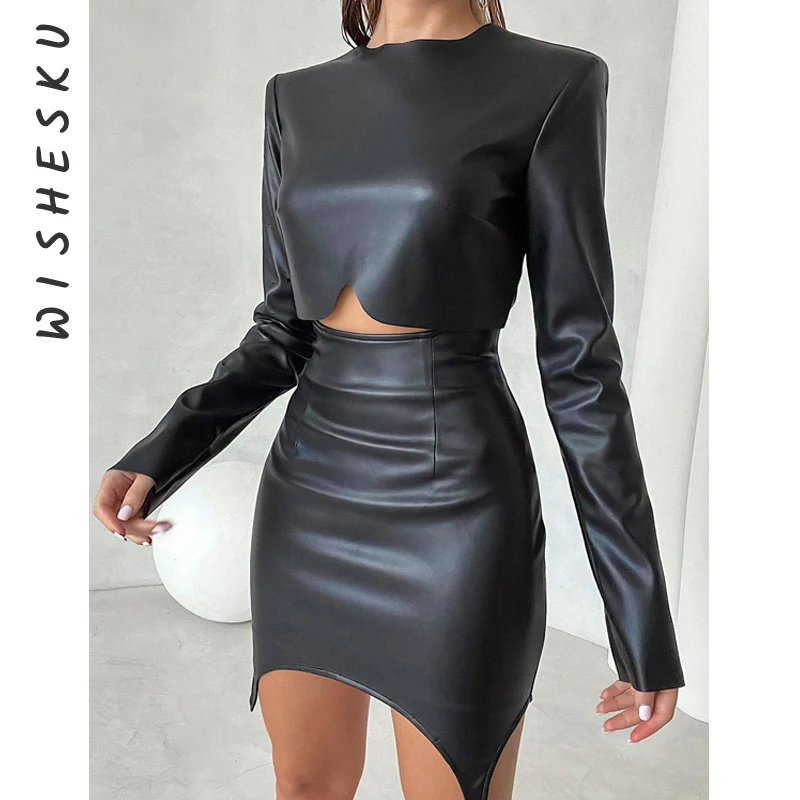 

Casual Black PU Faux Leather Women 2 Piece Set Elegant O-Neck Long Sleeve Crop Tops And High Waist Slim Mini Skirt Outfit
