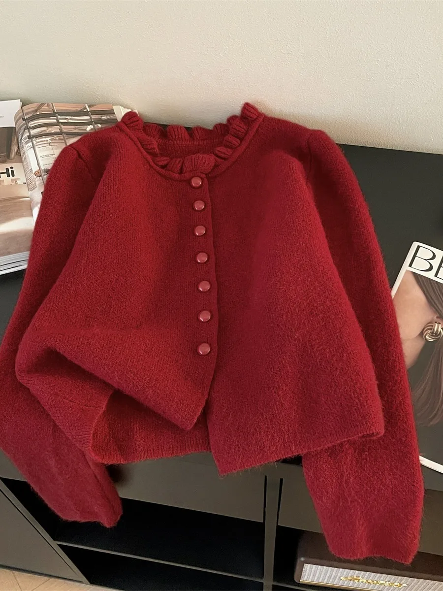 Kardigan Rajut Prancis Baru Wanita Musim Semi Gugur Gaya Lembut Desain Pinggiran Jamur Kerah Bulat Sweater Kancing Tunggal