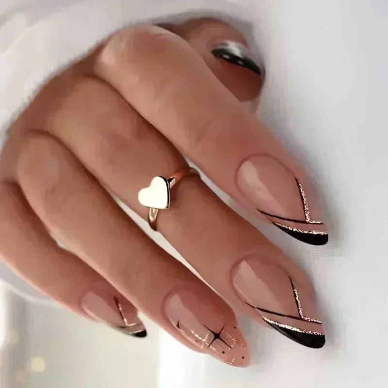 24 Stück französische Kunstnägel, Mandel-Kunstnägel mit Kleber, zum Aufdrücken, weißes Randdesign, tragbar, einfach, rosafarbene Stiletto-Nagelspitzen