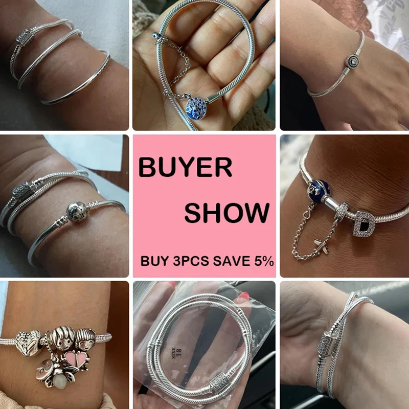 Bracelet 925 Sterling Silver 17-20CM Heart Shape Love Pavé Snakes Chain Bracelet Four Clover 925 Silver Charms Bead Jewelry Gift