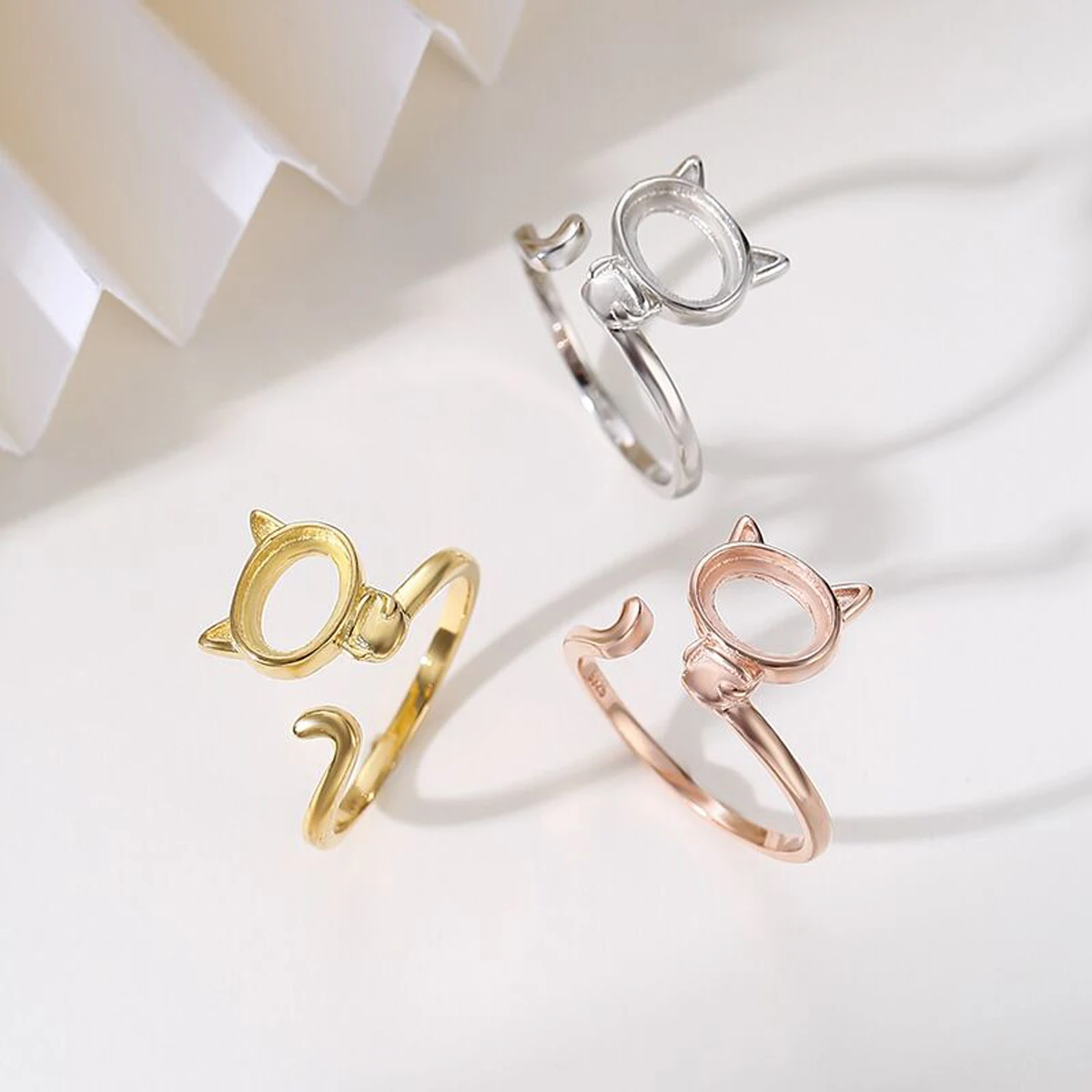 

S925 Sterling Silver Simply Cat Rings Base for Women Personality Cute Cat Open Ring Bezel Blank DIY Creative Jewelry Finding