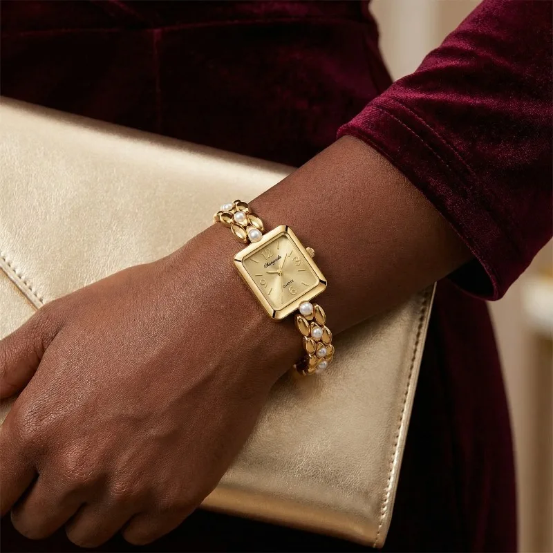 Vintage Square Women's Watch Luxury Pearl Inlay Metal Chain Ladies Bracelet Watch Elegant Dress Quartz Wristwatches for Woman