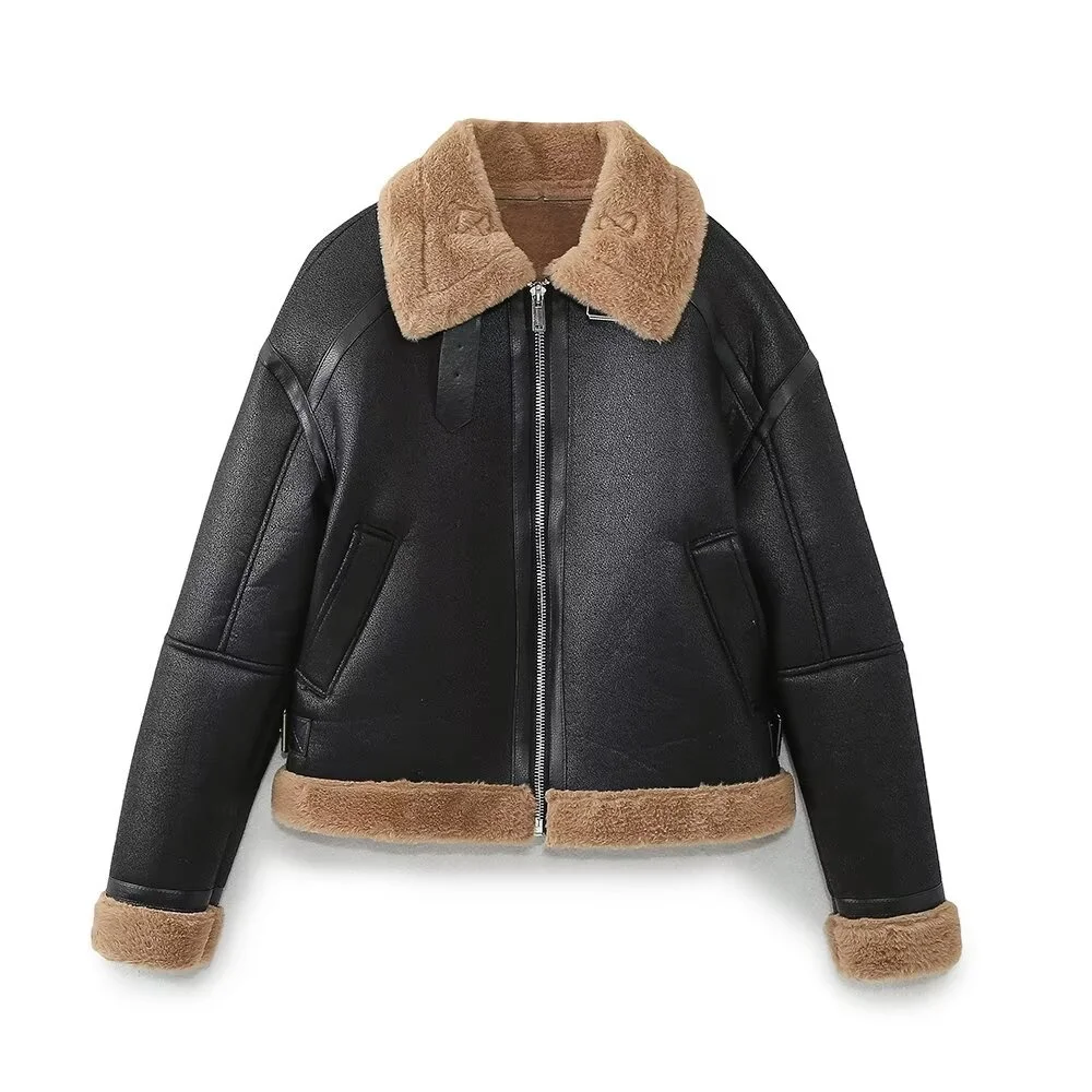 TRAF 2024 Autumn New Product Women\'s Flip Collar Loose Motorcycle Style Fur Integrated Double sided Short Jacket Coat