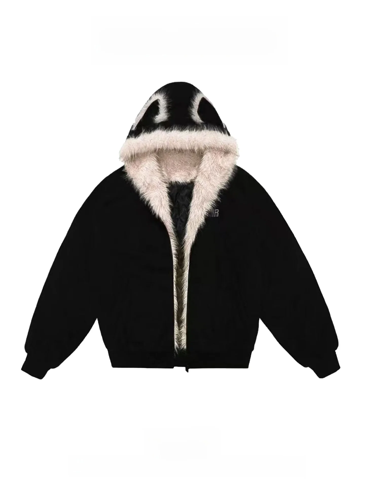 

Retro American Ear Hooded Thiened Fur Collar Women's Jaet Winter New Design Sense Cotton Coat Loose Fit Long Sve