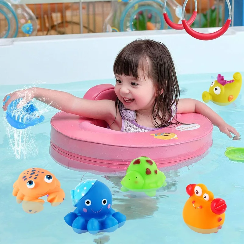 Set di giocattoli da bagno con polpo granchio stridulo Set di animali marini in gomma morbida per neonati Parco acquatico Piscine da gioco Bagno Divertimento in acqua Giocattolo da bagno