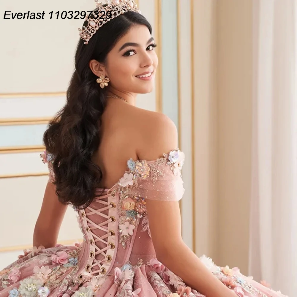 EVLAST Customized Pink Quinceanera Dress Ball Gown 3D Floral Applique Beading Mexican Corset Sweet 16 Vestidos De 15 Anos TQD845