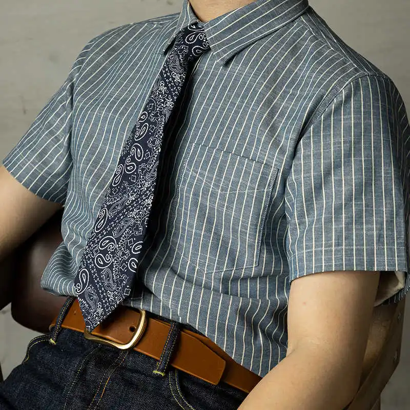 Short-sleeved Vertical Striped Shirt Americana Khaki Vintage Retro Jacket Summer Pure Cotton Shirts for Men New Arrival