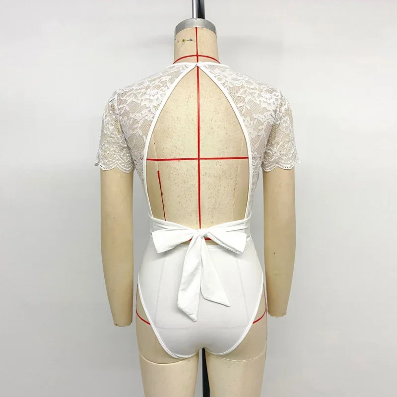 Bow Tie Backless ลูกไม้สีขาวผู้หญิงฤดูร้อนแขนสั้น O-คอยืดหยุ่นสูงผู้หญิง One Piece Street Tops