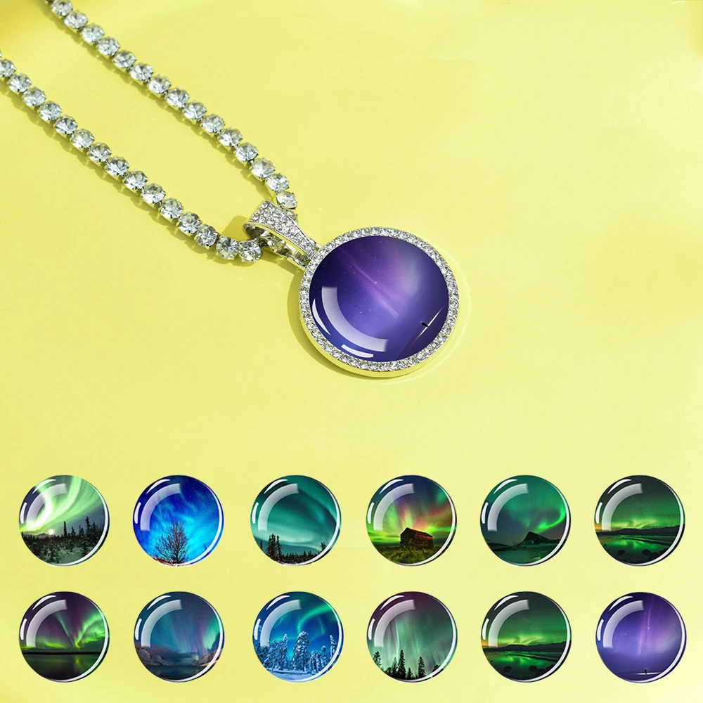 Girl's Jewelry Necklace Pendant Silver Chain Diamond Necklace Round Glass Natural Aurora as a Gift for Friends and Family