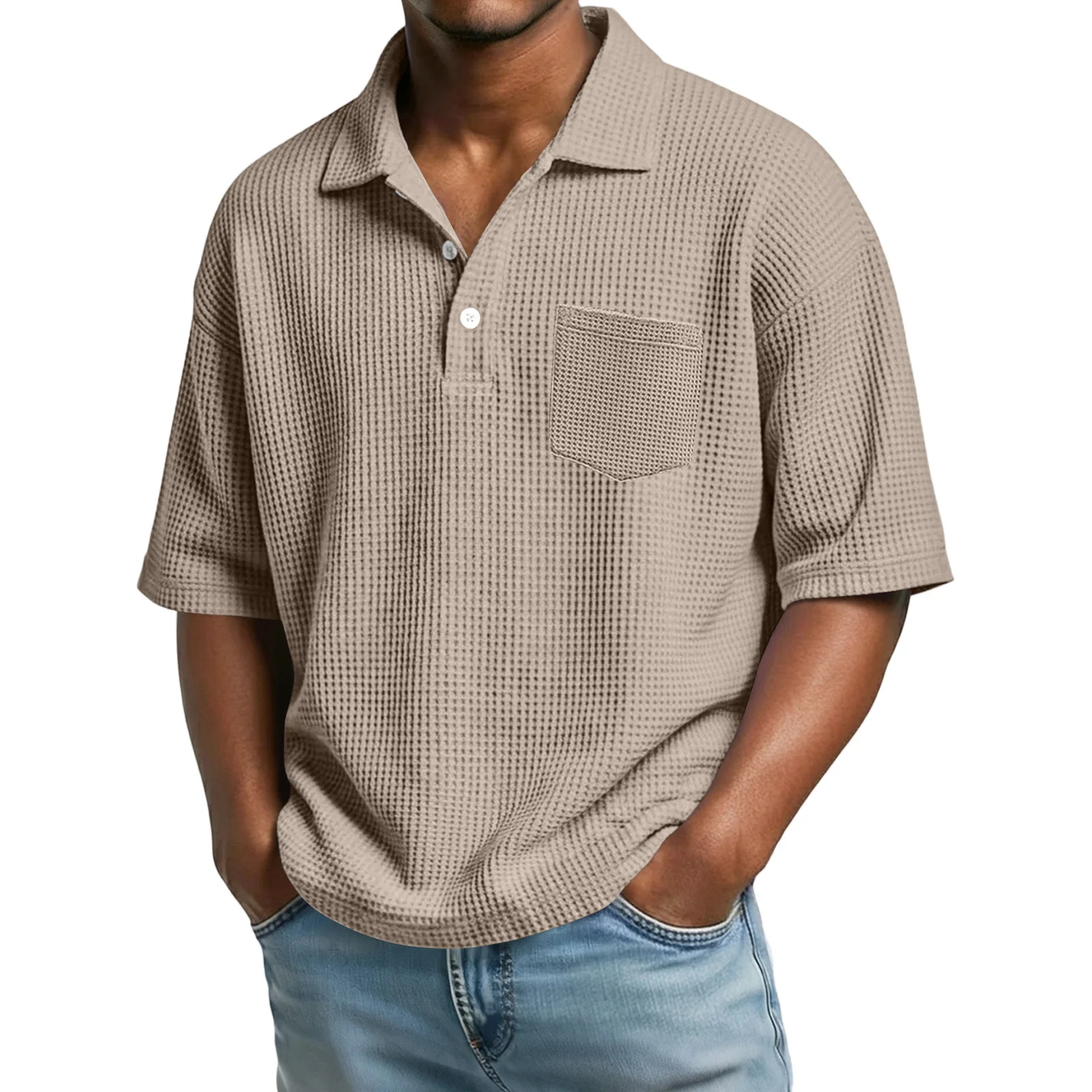 Spring and Summer Men's Waffle Solid Color Short-sleeved Lapel Polo Shirt Fashionable Casual Simple