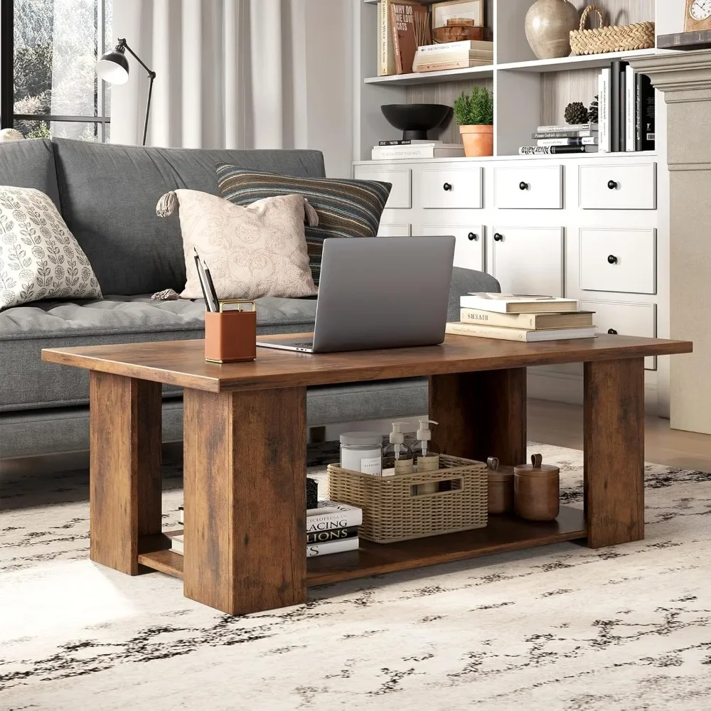 2-Tier Coffee Table, Modern Rectangular Center Cocktail Table with 5 Support Legs, Wooden Accent Living Room Furniture