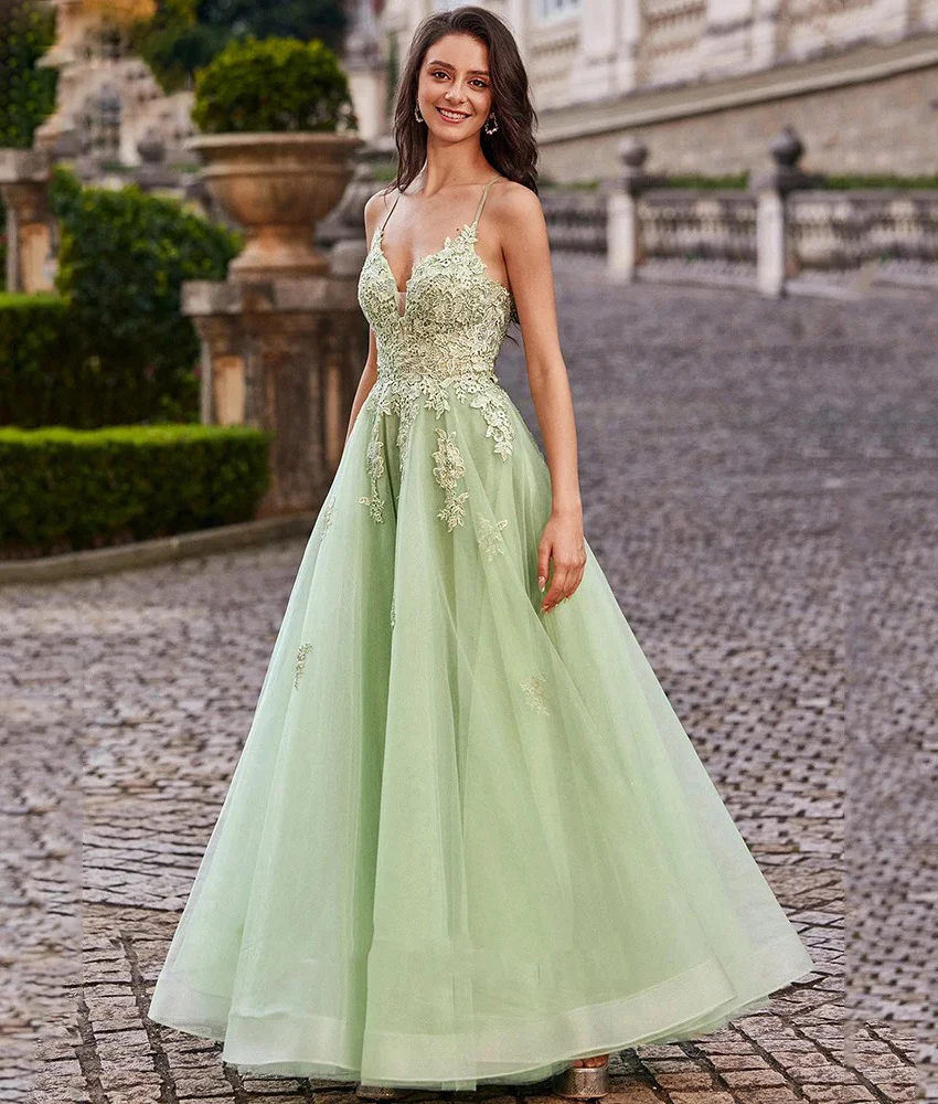 

Customized Sexy Tulle A-Line Spaghetti Straps Appliques Evening Dress High Quality Sweetheart Sleeveless Bespoke Occasion Gowns